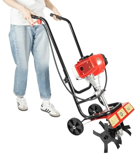BAOCHADA Motobineuse à essence 1,9 kW/2,6 CV 52 cc 2 temps, largeur de travail de 36 cm, 4 lames en acier au manganèse, légère et maniable pour jardin, parterre, serre