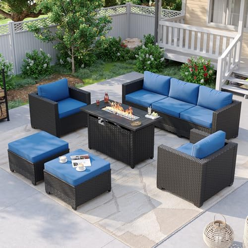 Aoxun Patio Furniture Set with Fire Pit Table, 6 Piece Outdoor Furniture Set with Wicker Ottomans, Rattan Outdoor Sectional Sofa with Thickened Cushion & Waterproof Cover Navy Blue