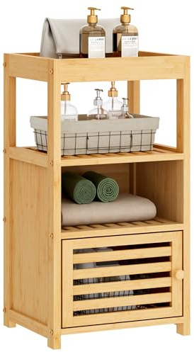 SogesPower Badschrank aus Bambus 4-stufig | Kompakter Stauraumschrank mit Tür, für Badezimmer, Wohnzimmer und Schlafzimmer oder Küche (34 x 30 x 70 cm)