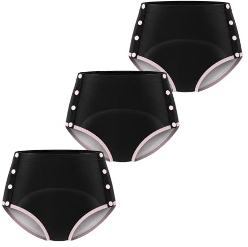 Carer Confezione da 3 Mutandina Incontinenza Donna 230 ml Assorbenza Cotone Intimo Antifuga Bottoni a Pressione Laterali Design Facile da Cambiare, Riutilizzabile per Incontinenza, Nero Taglia M