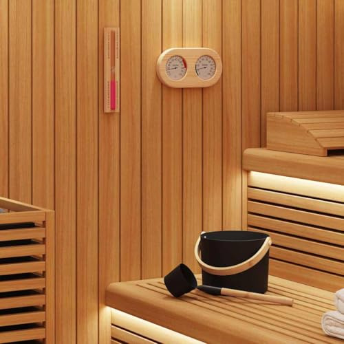 Ordellia Set de accesorios para sauna negro con cubo de 7 L, paleta, termómetro 2 en 1 y reloj de arena de 15 minutos, aluminio y madera de pino, interior para bienestar y relajación