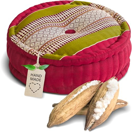 livasia Meditationskissen - Ø 38x15cm - Yogakissen mit Kapokfüllung, Pouf, Bodenkissen rund für Yoga und Zen Meditation, Zafukissen für Garten und Balkon, Sitzkissen handgemacht (Rot/Grün)