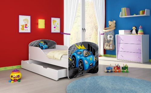 CLAMARO 'Traumland' Motiv Kinderbett 80 x 160 cm inkl. Matratze, Lattenrost und Bettkasten Schublade auf Rollen, Kantenschutzleisten und Rausfallschutz, Motiv: 04 - Racing Car Blau Motiv