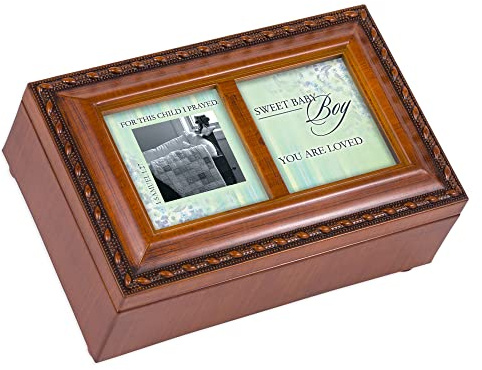 Cottage Garden Baby Boy Loved for This Child Woodgrain Rope Trim Jewelry Music Box Plays Jesus Loves Me