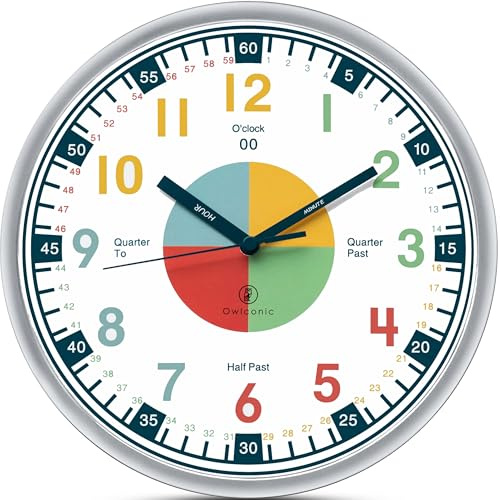 OWLCONIC Clock for Kids – Educational Analog Learning Wall Clock, Non Ticking Teaching Clock for Classroom & Homeschool, Silent Kids Bedroom Décor Multicolor
