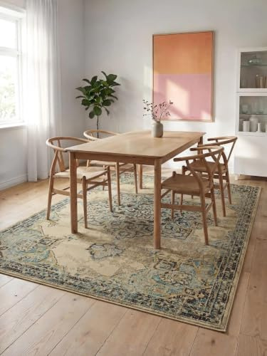 benuta Nest Vintage Teppich Casa - Beige/Türkis 140x200 cm - Teppich für Wohnzimmer, Schlafzimmer und Flur - Pflegeleicht - Fußbodenheizung Geeignet