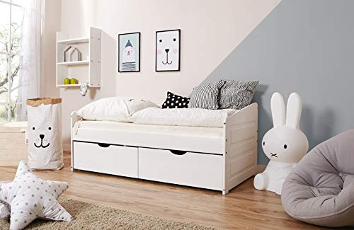 TiCAA Einzelbett Sofabett Funktionsbett, Micki mit Matratze, Rollrost & Schubkasten für Schlafzimmer, Kinderzimmer Buche Massivholz Bettgestell 80 x 160 cm