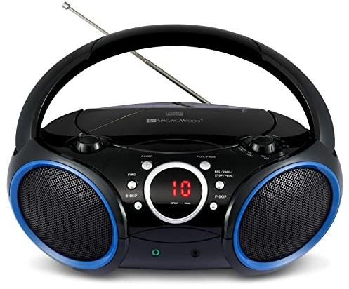 SINGING WOOD SBX030C Portable CD Player Boombox with AM/FM Stereo Radio, Aux Line-in, Headphone Jack, Top-Loading Disc Player, AC or Battery Powered, Foldable Handle (Black with Blue Rims)