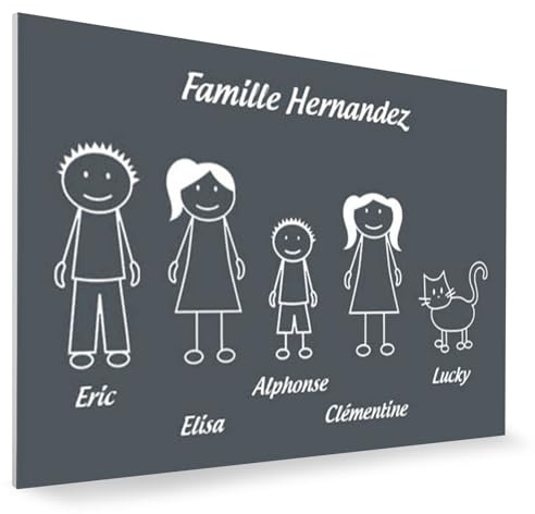 Plaque de maison Family personnalisée avec 5 membres pour boite aux lettres - Format 12x8 cm - Plaque Grise - Lettres blanches