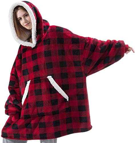 EUDOLAH Women's Hoodie Blanket oversized warm cozy fleece comfortable sweatshirt one size fit for men women boys and girls(red check)