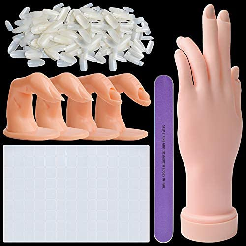 Kalolary Nail Hand Praxis für Acrylnägel Nail Art Training Tools (Natural) | Maniküre Praxis Hand & Finger Biegbare Maniküre Hand mit 500 Stück Falsche Nagelspitzen, Nagel Tacky Putty & Nagelfeile