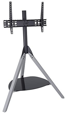 AVF Hoxton TV Floor Stand - Free-standing Tripod TV Unit, Solid Gray Wood Legs, Black Glass Shelf, For TVs 32 to 70
