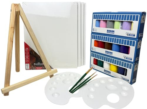 Bastelzone 36-teiliges MEGA-Anfänger-SET. Malset für Kinder mit 12 Stück Leinwand je 24x30 cm zum Bemalen, 18 Malfarben je 40ml, 3 Stück Pinsel, 2 Mischpaletten, 1 Holz-Staffelei