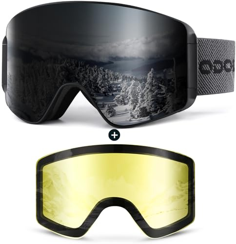 Odoland Skibrille für Damen und Herren Jungen Ski Goggles Anti-Fog UV-Schutz mit Magnetische Wechselglas Snowboardbrille Helmkompatible zum Snowboard Skifahren Schwarz