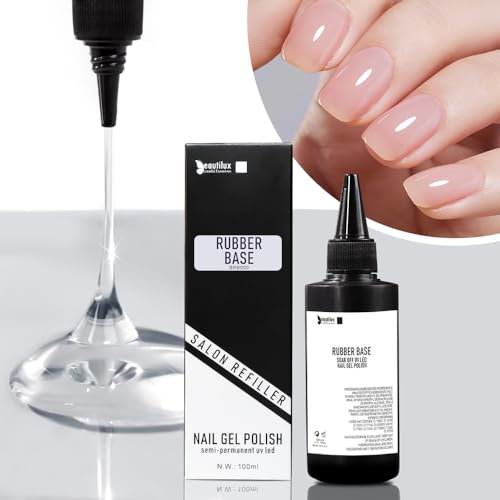 Beautilux Base de goma Capa superior Esmalte de uñas Mejora Nivelación Gel Laca Mate Brillante UV/LED Gel 100ml Base de goma para salón o manicura profesional Recambio de esmalte de uñas
