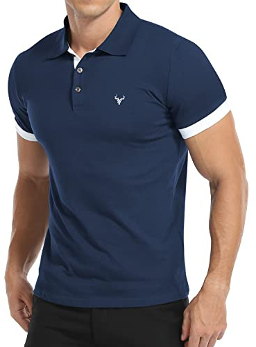 KUYIGO Men's Short Sleeve Polo Shirts Slim Fit Classic Exquisite Embroidery Golf Tennis Cotton Shirt M Grey Blue