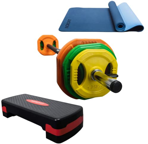 NORDFIT - 20kg Barbell Weights Set - Studio Pump Weights Bundle - With Yoga Mat and Fitness Exercise Step - Home Exercise Gym Equipment