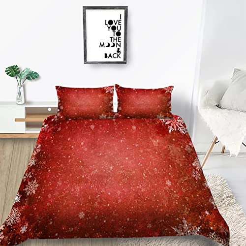 Bettwäsche 220x240 3 teilig Winter Bettbezug 220 x 240 Set mit Kissenbezüge, Winterbettwäsche 240x220 aus Mikrofaser Weich Bettwäsche Set mit Reißverschluss Rote Schneeflocken