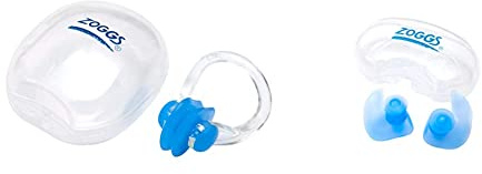 Zoggs Silicone Swimming Nose Clip with Case, Blue/Clear, Nose Clip Swimming Adult, one Size, 301653-999 & Aqua Plugz, Ear Plugs for Swimming, Reusable Silicone Ear Plugs (Packaging May Vary)