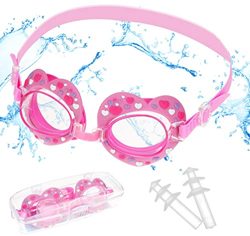 Occhialini da Nuoto Amore Cuore per Bambini, Anti-Appannamento Occhialini da Nuoto con Tappi per le Orecchie e Custodia Potabile, 180° Occhialini Piscina con Ampie Lenti per Ragazze Giovani 4-14