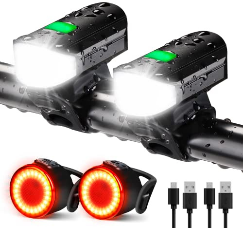Favorbrite 2 Pack Bike Lights Set 1500LM USB Rechargeable Bicycle Headlight & Tail Light Waterproof 5 Lighting Modes Fits Bicycles for Road and Mountain