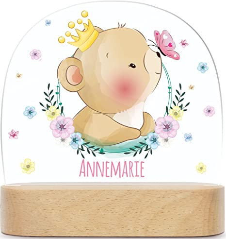 GRAVURZEILE Personalisiertes LED Nachtlicht für Kinder - Blumenkranz - Personalisiert mit Namen - Nachttischlampe für das Kinderzimmer - Geschenk für Kinder & Babys - Baby Geschenk - Bär Krone