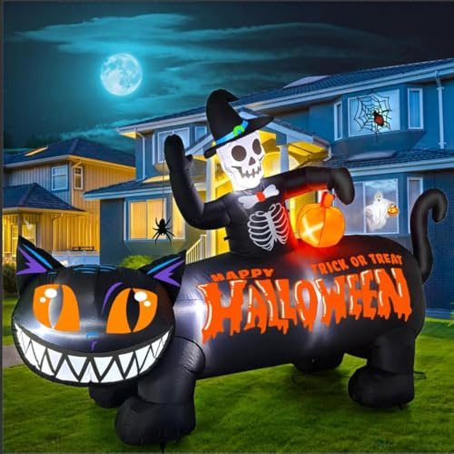 Kalolary 9.5Ft Aufblasbarer Schwarze Katze Totenkopf - Halloween Deko für Innen und Außenbereich