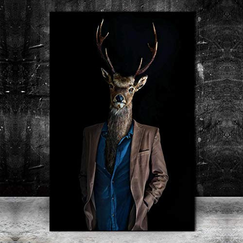 Yayun Art Hirsch im Business-Anzug, Leinwand-Kunstdrucke, Leinwandgemälde, gerahmte Wandkunst, nordische Tierbilder, fertig zum Aufhängen, 85 x 125 cm/33 x 49 Zoll, mit Rahmen