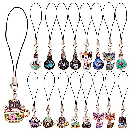 BEEFLYING 16 Stück Schlüsselanhänger-Schnur-Anhänger, niedliche Katze, Kawaii-Hängezubehör für Handy und Schlüssel