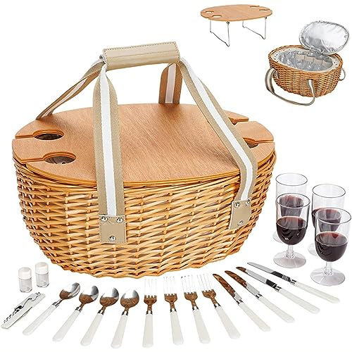 VIDECOR Picknickkorb aus Korbgeflecht, Picknickkorb aus Holz mit Geteiltem Deckel, Picknickkorb Im Vintage-Stil, Camping, Outdoor, Valentinstag, Erntedankfest, Geburtstag,4-persongroupB
