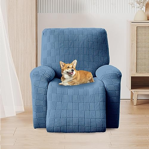 OKYUK Relax-Sesselbezug, hohe Elastizität, neigbar, 4-teilig, Seitentaschen, abnehmbar und waschbar, Schutzbezüge (Blau gestreift)