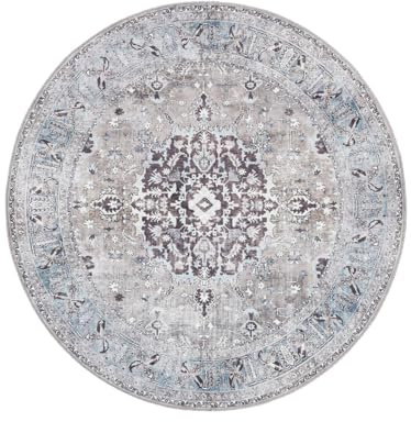 RugVista Gina Oriental, Teppich, Moderne Teppiche, Ø 160 cm, Rund, Mittlerer Stapel, Wohnzimmer, Schlafzimmer, Maschinenwäsche, Oeko_tex_100, Grau/Beige
