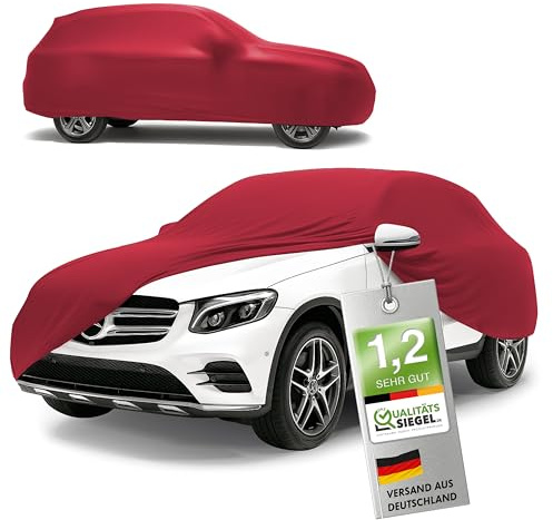 WALSER Premium Abdeckung Auto Indoor Stretch Plus Qualitätssieger Sehr Gut* Autoabdeckung Winter Autogarage Abdeckung Autoplane Winter Autogarage Abdeckung Winter Auto Abdeckplane SUV/Van Größe 9 rot