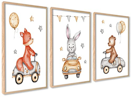 3er Set Poster 40x50cm Mit Rahmen Holz Wanddeko Wohnzimmer Modernes Design | Set Kinderzimmer Fuchs Bär Hase Babyzimmer Mädchen und Junge Bilderset Wald Tiere, Ideal als Geschenk, Hochwertige Qualität