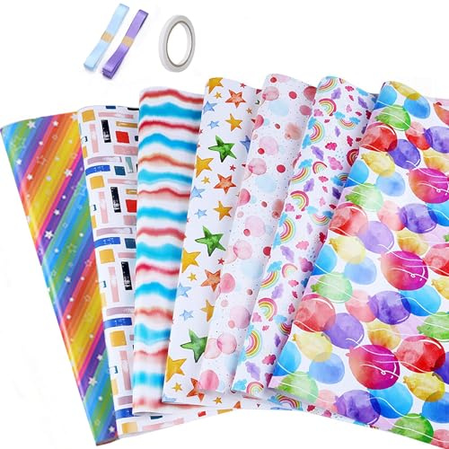 Dantolo 7 Hojas Papel de Regalo Cumpleaños, Papel Para Envolver Regalos,70 x 50 cm Papel de Regalo con Cinta,Papel para Envolver Regalos para Cumpleaños, Navidad