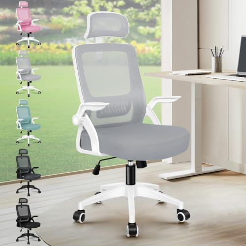 ALFORDSON Ergonomischer Büro-Schreibtischstuhl, Computerstuhl mit dynamischer Lordosenstütze, neigbarer Drehstuhl mit hochklappbarer Armlehne, Weiß und Grau