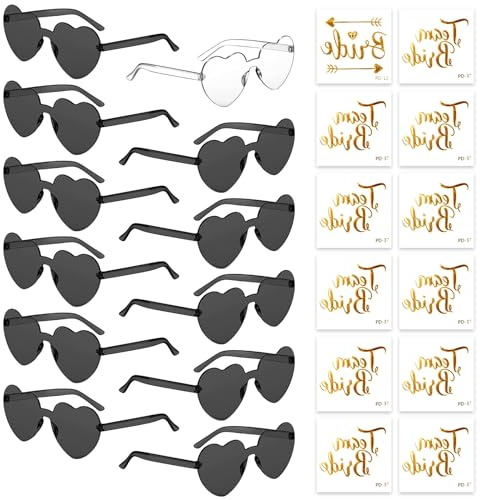 HIQE-FL Herz Sonnenbrille,12 Stück Herz Sonnenbrille Damen,Hippie Herzförmige Brille,Hippie Gläser,mit Tattoo Aufkleber,Randlose Herz Brille,für Geburtstagsfeiern, Hochzeiten, Außenaufnahmen