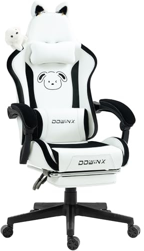 Dowinx Gaming Stuhl,Gamer Chair,PU Leder Sessel mit Katzenohren und Hundedekoration,Ergonomischer Gamingstuhl,150KG Tragkraft PC Stuhl,Verstellbar Fußstütze Armlehnen Rückenlehne,Hund - Weiß