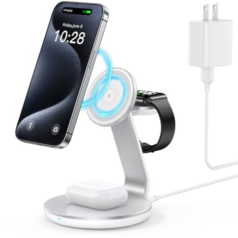 HERRBOLAI 3 in 1 Charging Station Compatible with Magsafe Charger Wireless Charger Stand for iPhone 17 16 15 14 13 12 Wireless Charging Station for AirPods Wireless Charging Stand for iWatch Series