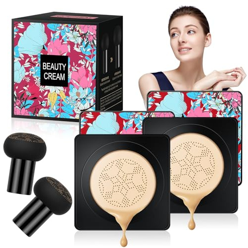 Mushroom Head Air Cushion CC Cream, 2pcs BB Cream Base de Maquillaje, Base Líquida, Hidratante Corrector, Control de Aceite, Resistente al Agua, Duradero