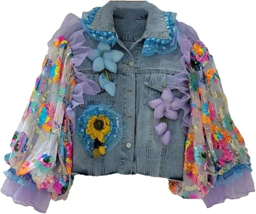 Las Mujeres de Malla de Lentejuelas Bordado Borla Recortar Chaqueta de Mezclilla Lentejuelas Clash Color Suelta Corta Chaqueta de Mezclilla de Manga Larga (Azul,XXL)
