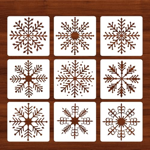 Qpout 9 Stück Schneeflocken Schablonen Große, 7,8 x 7,8 Zoll Weihnachten Schneeflocken Schablonen Vorlage zum Malen, Wiederverwendbar Schneeflocken Schablonen zum Malen auf Holz/Wand/Fenster