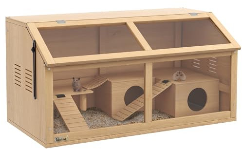 PawHut Hamsterkäfig Kleintierkäfig aus Holz, Kleintierstall mit Hängebrücke, Leitern, Hütte, 85 x 45 x 44 cm Nagerkäfig mit Oberer Tür, für Zwerghamster, Natur