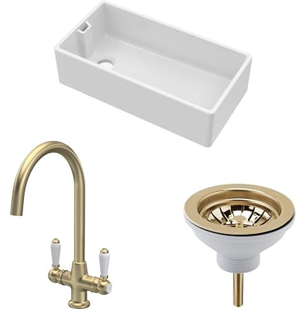 Balterley 895mm Belfast Kitchen Sink Single Bowl with Weir Overflow, Mono Lever Mixer Tap & Waste, Durable Belfast White Ceramic Kitchen Sink Bowl, Reversible Farmhouse Sinks (White/Brushed Brass)