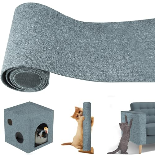 200cmx40cm Selbstklebend Kratzteppich Katze Wand, Hillylolly Kratzmatte Katzen Zum Kleben, mit Lustiger Katzenball, Climbing Cat Scratcher Wall, Kratzmatte Katze Wand (hellgrau)