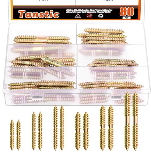 Tanstic 80Pcs M6 M8 Hanger Bolts Double Ended Bolts Self-Tapping Screw Wood Dowel Screw for Wood Furniture(Color Zinc)