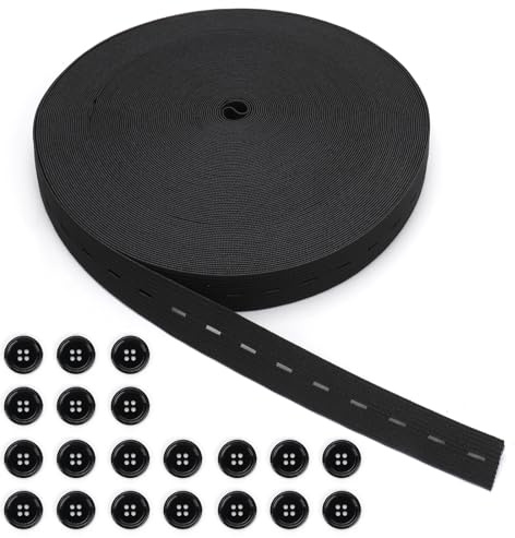 AIDUCHO 1 Rolle Elastisches Gummiband, 30mm x 30m, Schwarz mit 20 Knöpfen, für Hosenrock, Stirnband, Nähen, Stricken