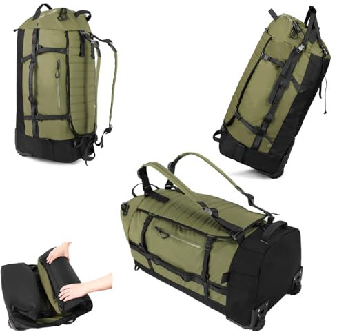 YHYEH 86L Umwandelbare Reisetasche mit 2 Inline-Rollen,Große Wochenendtasche/Sporttasche mit Bungee-Cord-System,Armeegrün