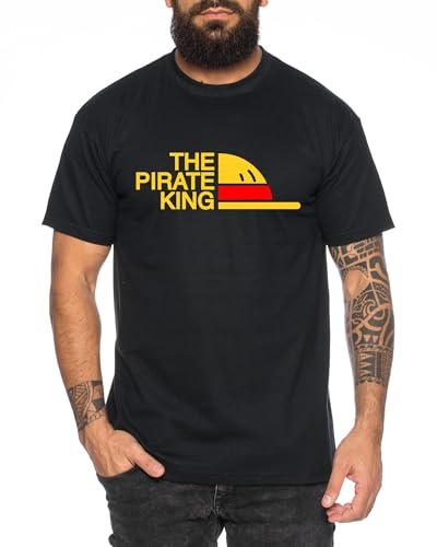 The Pirate King - Ruffy Straw Anime Hat Herren T-Shirt - Manga One Pirat Piece Anime Zoro, Farbe:Schwarz, Größe:3XL