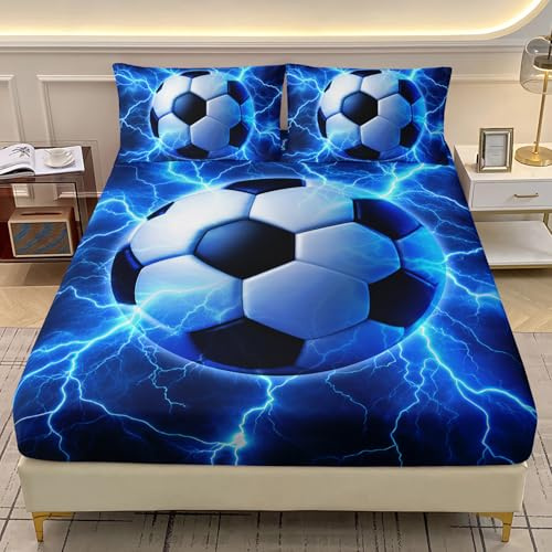 AILONEN 3D Soccer Comforter Set for Kids Boys Teens,Sports Blue 3D Printed Soccer Bedding Set Twin Size,Football Comforter Set with 2 Pillowcase for All Season Soft Microfiber